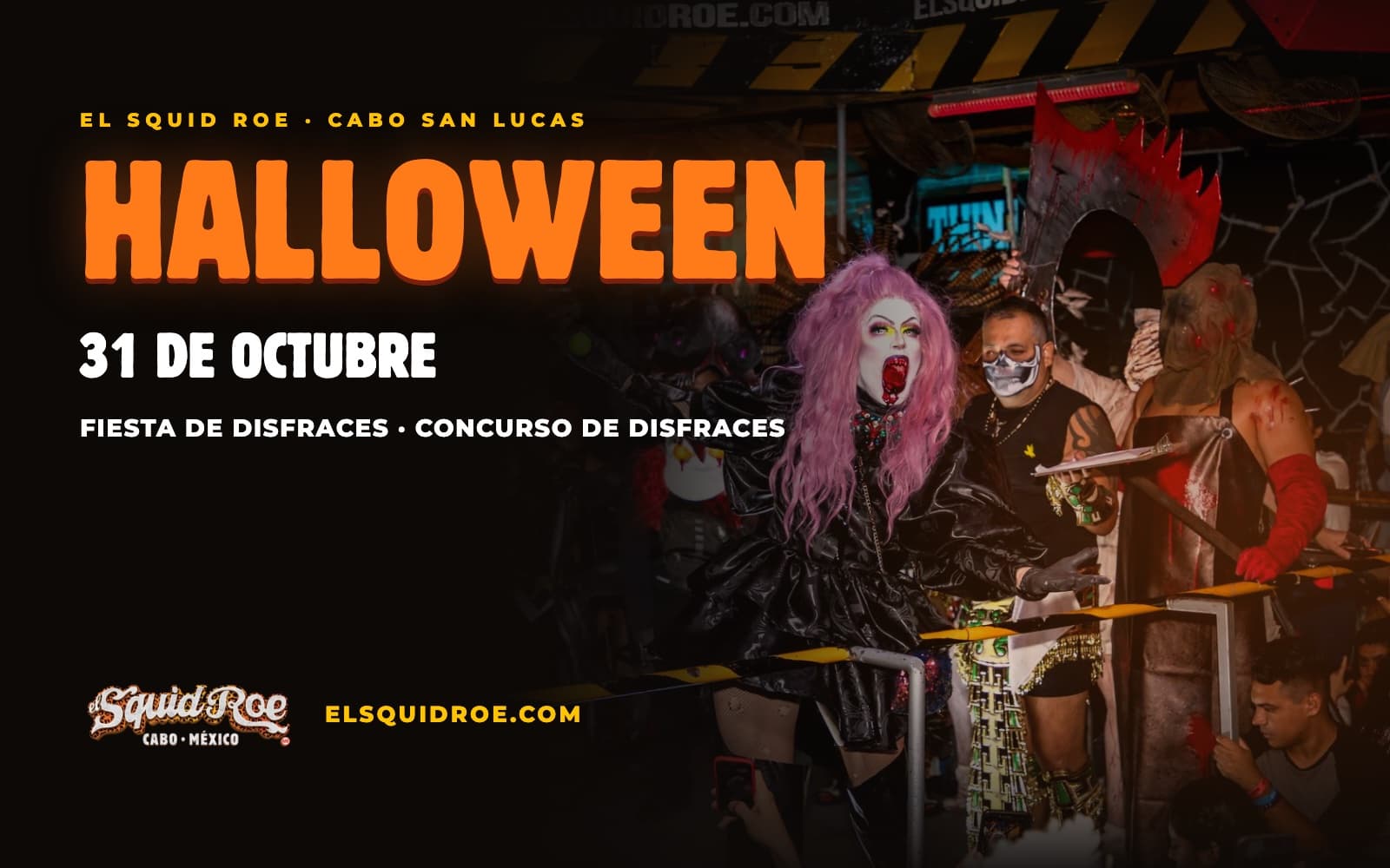 Flyer de la fiesta de disfraces de Halloween 2026 en El Squid Roe, Cabo San Lucas, 31 de octubre, con concurso de disfraces