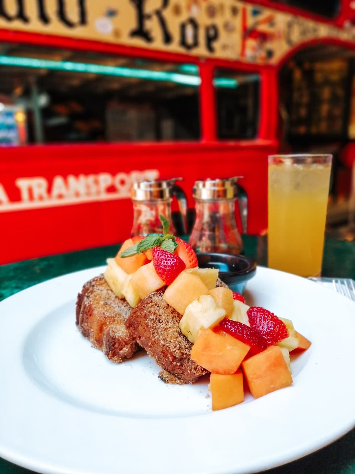 French toast with fresh fruit and maple syrup at El Squid Roe restaurant in Cabo San Lucas
