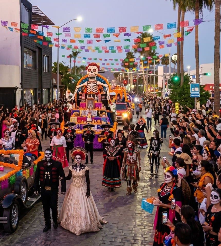 Illustration of a Día de Muertos parade in downtown Cabo San Lucas: papel picado over the street, a giant skeleton float and couples dressed as catrinas and catrines
