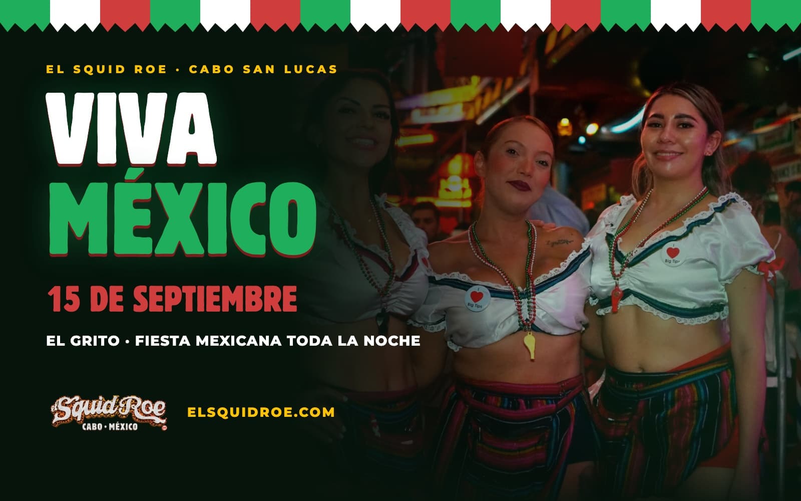 Flyer de Viva México y El Grito 2027 — fiesta del 15 de septiembre en El Squid Roe, Cabo San Lucas